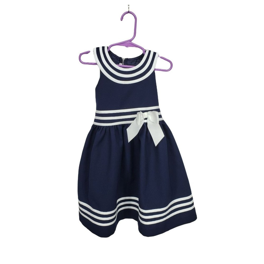 Bonnie Jean Navy Blue Girls Size 5 White Trim Bow Dress